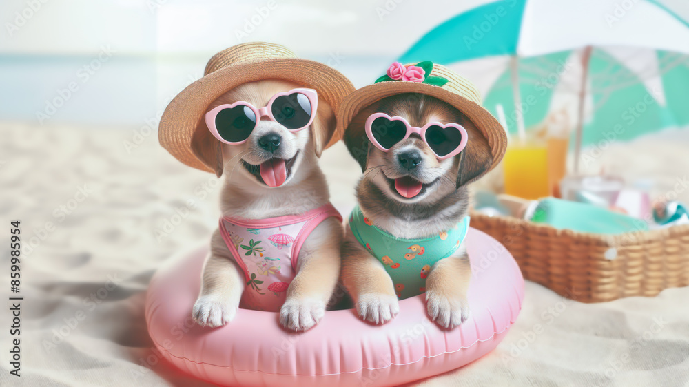 Funny dog wearing summer fashion with rubber ring on the beach. Summer Vacation Concept. Funny dog wearing summer fashion with rubber ring on the beach. Summer Vacation Concept.