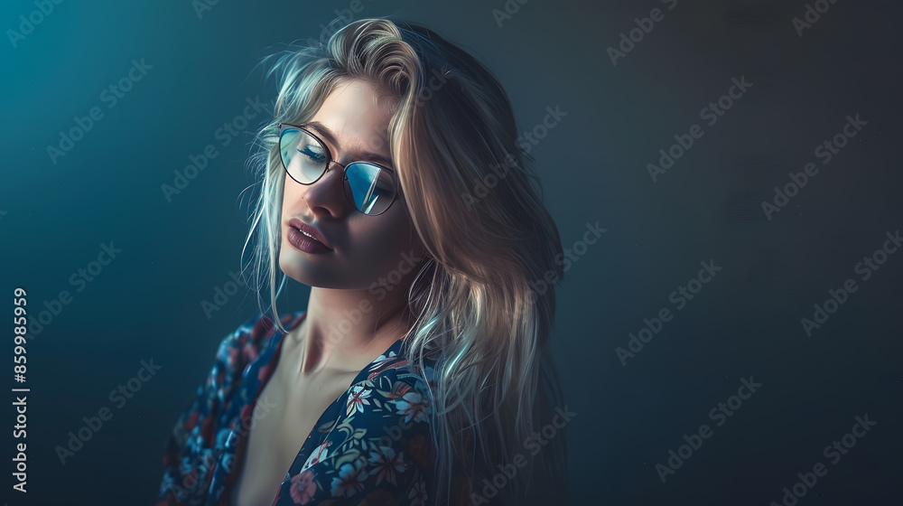 Beautiful blond woman wearing blue and brown dress and glasses : Generative AI Beautiful blond woman wearing blue and brown dress and glasses : Generative AI