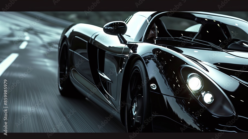 Black luxury car taking a turn at a highway road , white headlights shining and visible Black luxury car taking a turn at a highway road , white headlights shining and visible
