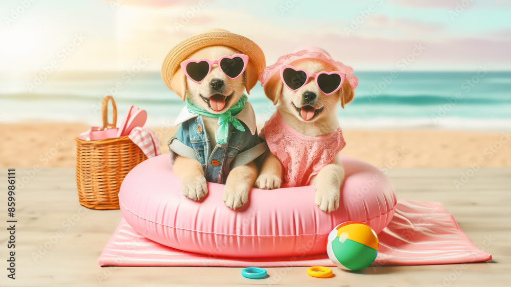 Naklejka premium Funny dog wearing summer fashion with rubber ring on the beach. Summer Vacation Concept.