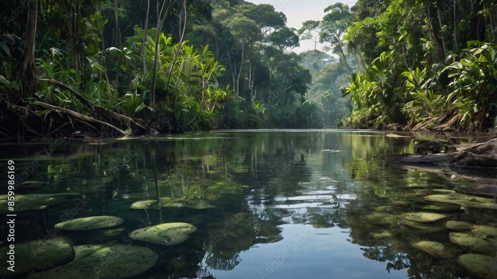 Fototapeta premium Crystal-clear stream meanders through lush green forest, sunlight filtering through towering trees and casting dappled shadows on rocky riverbed