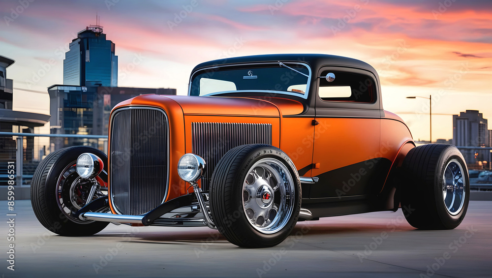 beautiful old timer hot rod vintage matte black orange car at sunset, transport and vehicles, automotive background, auto mock up