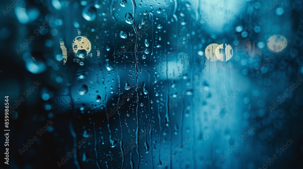 Close-Up Raindrops on Window with Blurred City Lights in Background Close-Up Raindrops on Window with Blurred City Lights in Background