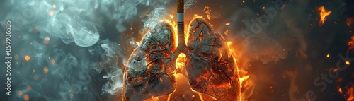 Artistic depiction of human lungs on fire, surrounded by smoke, symbolizing health issues or pollution impact. Dramatic and thought-provoking visual.