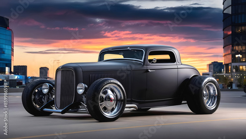 Obraz na płótnie beautiful old timer hot rod vintage matte black car at sunset, transport and vehicles, automotive background, auto mock up w salonie