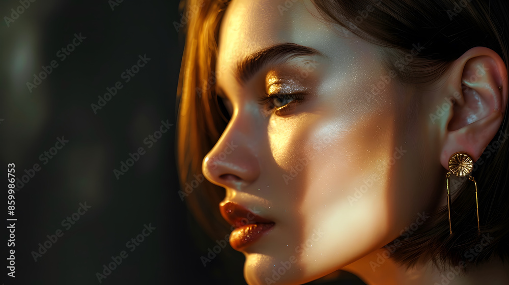 Beautiful Woman Profile Portrait with Golden Earring Bob Hair Style over dark Brown Beauty Model Face with perfect Nose and Full Lips Make up side view Sexy Girl Glamour Portrait : Generative AI Beautiful Woman Profile Portrait with Golden Earring Bob Hair Style over dark Brown Beauty Model Face with perfect Nose and Full Lips Make up side view Sexy Girl Glamour Portrait : Generative AI