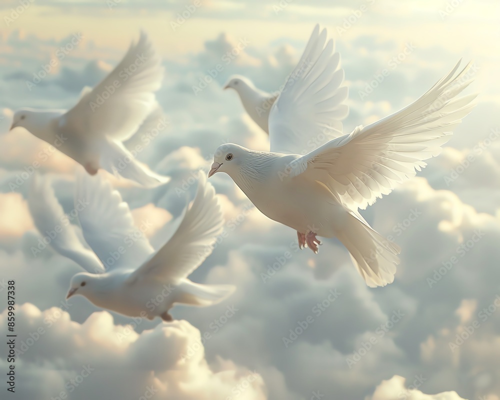 Group of white doves over Gaza, children with white wings, flying high, surrounded by clouds, breathtaking image Group of white doves over Gaza, children with white wings, flying high, surrounded by clouds, breathtaking image