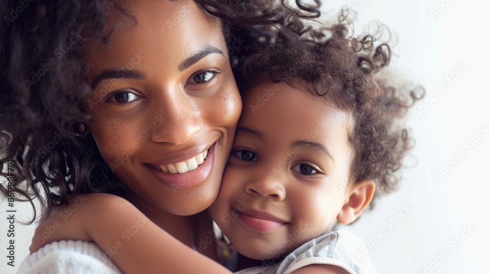 AI mother with a human child, isolated white background, affectionate moment AI mother with a human child, isolated white background, affectionate moment