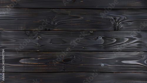 black wooden planks texture background, showing grain patterns and dark charred surface. photo