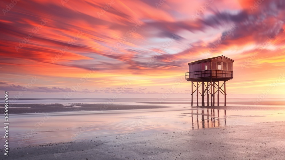Stilted Beach House at Colorful Sunset Over Calm Ocean Stilted Beach House at Colorful Sunset Over Calm Ocean