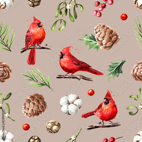 Winter tender seamless pattern with red birds Hand drawn watercolor illustration
