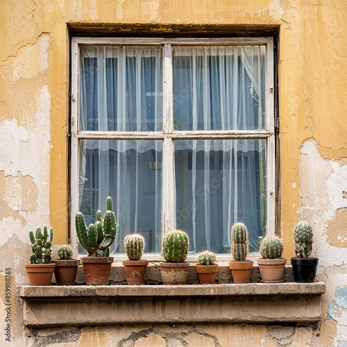 a row of cactuses sitting on a window sill.