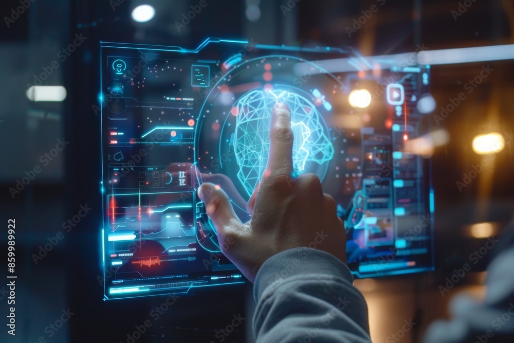 Futuristic Technology Interface with Hand Interacting with a Hologram Futuristic Technology Interface with Hand Interacting with a Hologram