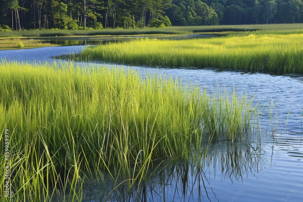 Serene Landscape with Lush Grass and Tranquil Water Serene Landscape with Lush Grass and Tranquil Water