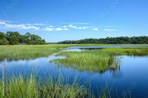 Tranquil Marsh Landscape Under a Blue Sky