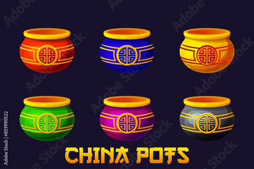 Empty Chinese pots in different colors. Happy symbol or object of Chinese culture