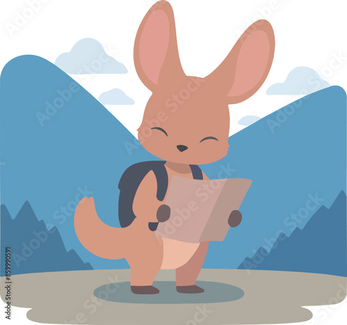 Vector of a cartoonish kangaroo hiker holding a map in mountains
