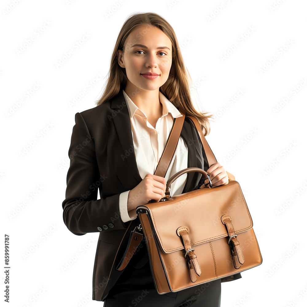 Confident businesswoman in formal attire holding a leather briefcase, ready for a professional meeting or office work. Confident businesswoman in formal attire holding a leather briefcase, ready for a professional meeting or office work.