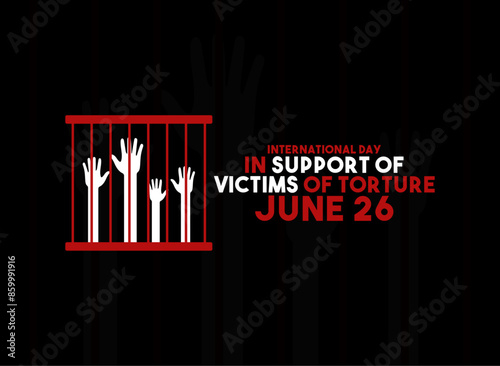 International Day in Support of Victims of Torture. June 26. Black background. Hand in jail icon.