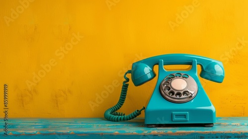 Vintage Blue Rotary Dial Telephone on a Distressed Surface with Yellow Background