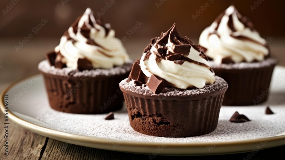 Deliciously decadent chocolate cupcakes with whipped cream and chocolate shavings Deliciously decadent chocolate cupcakes with whipped cream and chocolate shavings