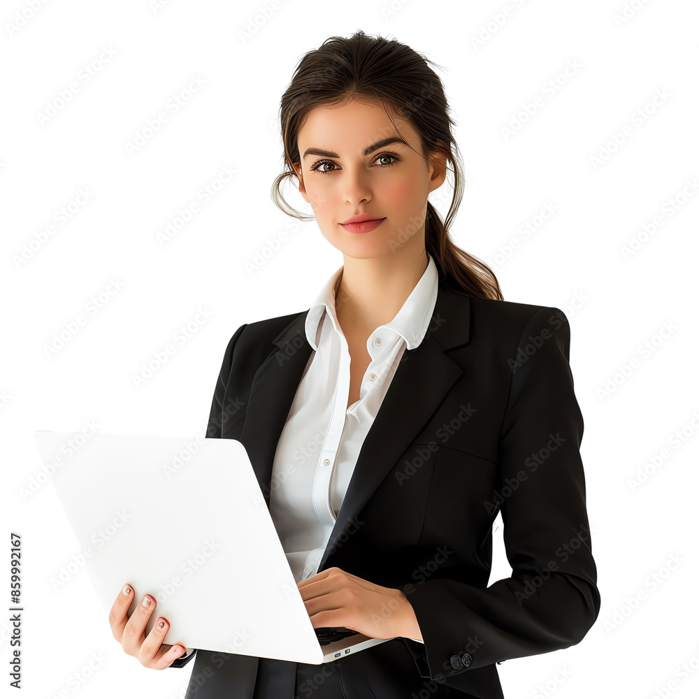 Confident businesswoman in black suit holding a laptop, portraying professionalism and success in a corporate environment. Confident businesswoman in black suit holding a laptop, portraying professionalism and success in a corporate environment.