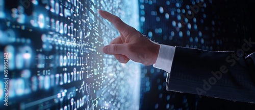 Cinematic shot of a business analyst presenting benchmarking results, pointing to a large digital screen