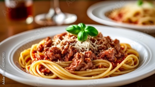  Delicious pasta dish with meat sauce and a garnish of basil ready to be savored