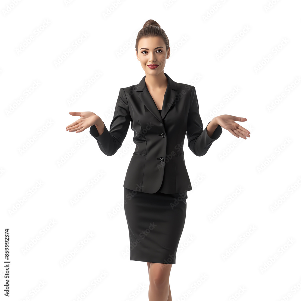 Confident businesswoman in a black suit gesturing with open hands, isolated on white background. Professional attire and positive demeanor. Confident businesswoman in a black suit gesturing with open hands, isolated on white background. Professional attire and positive demeanor.