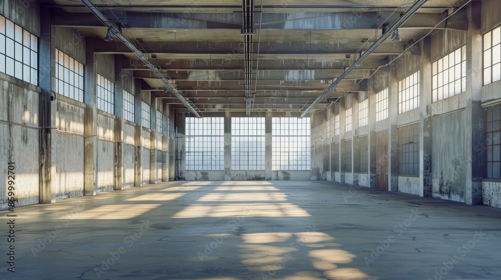 Image of an empty industrial warehouse with concrete walls and floor Image of an empty industrial warehouse with concrete walls and floor