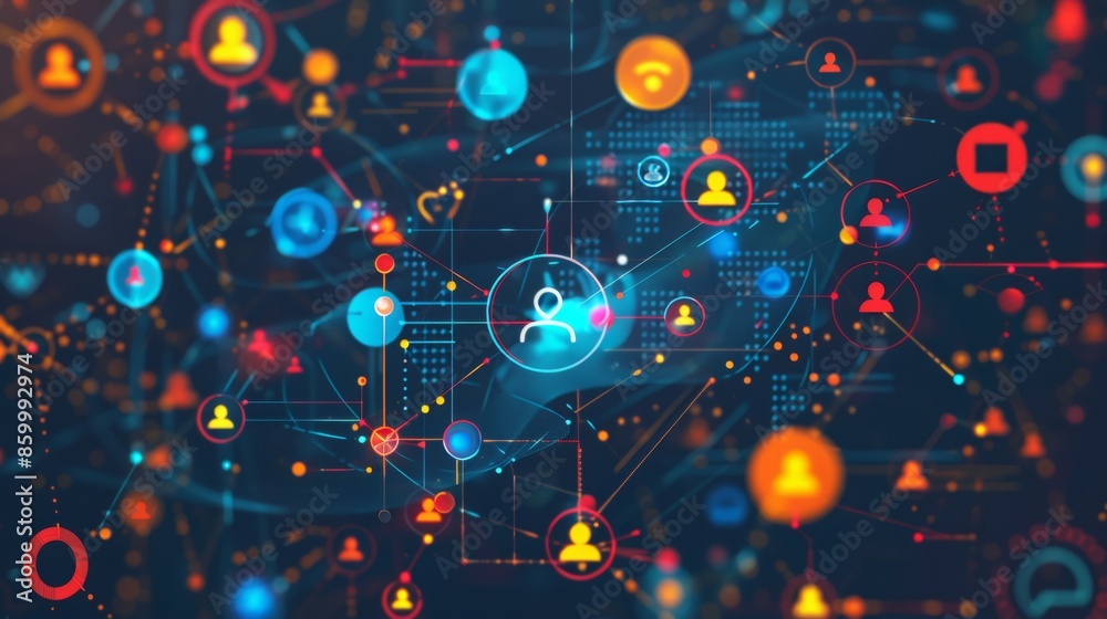Obraz premium a digital cartoon modern illustration of a simple diagram showing the persona at the center, surrounded by various social network icons