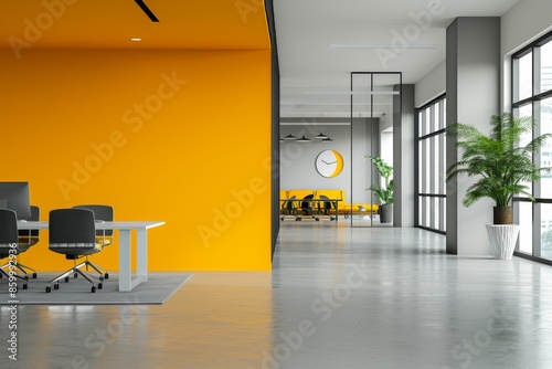 Minimalist office interior with an accent wall painted in vibrant yellow