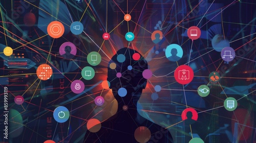 a digital cartoon modern illustration of a simple diagram showing the persona at the center, surrounded by various social network icons