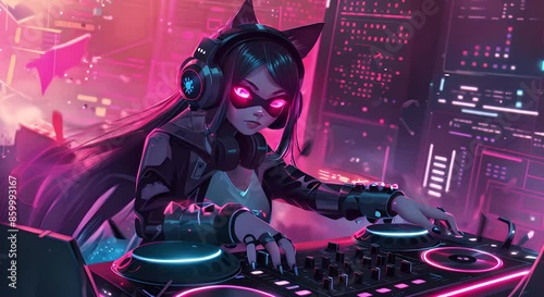 Gothic anime character DJ girl with headphones with cat ears, long hair. Created with Generative AI animation.