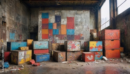 Abandoned Factory Room with Colorful Wall and Cabinets.