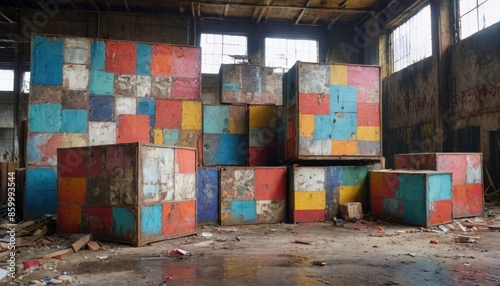 Abandoned Factory Interior with Colorful Walls.