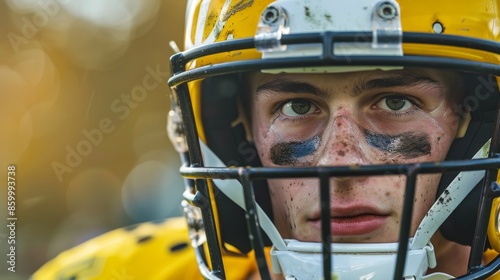 Close-up image of a football player in a yellow jersey