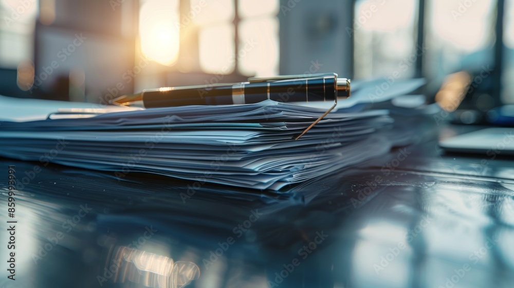 Close-up image of a desk with stacks of paperwork and a pen Close-up image of a desk with stacks of paperwork and a pen