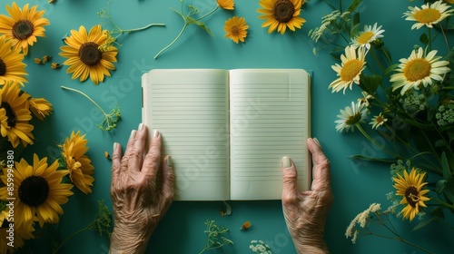 Elderly Hands Holding an Open Notebook Surrounded by Flowers
