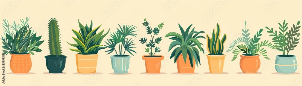 Colorful illustration of various potted plants lined up against a light background, showcasing different types of indoor greenery. Colorful illustration of various potted plants lined up against a light background, showcasing different types of indoor greenery.