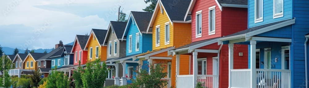 Colorful row of houses with vibrant facades under the cloudy sky, representing residential neighborhood and suburban living. Colorful row of houses with vibrant facades under the cloudy sky, representing residential neighborhood and suburban living.