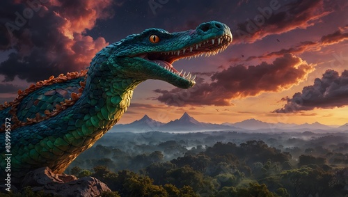 A fantasy world where giant, jewel-toned snakes soar through the sky like dragons ai_generated photo