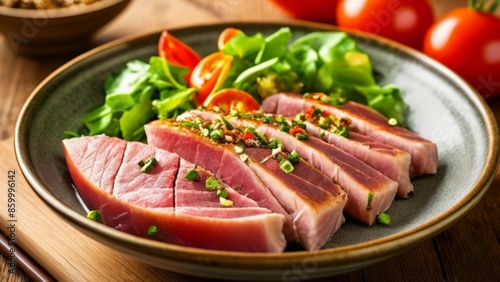  Deliciously fresh sashimi with a vibrant salad ready to be savored