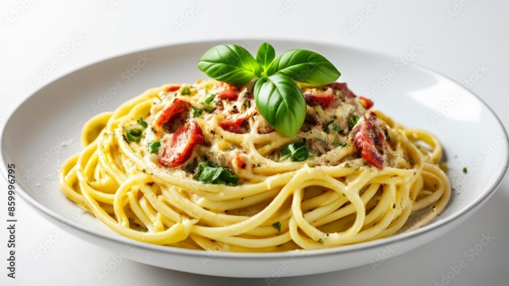 Delicious pasta dish with fresh basil and vibrant tomatoes Delicious pasta dish with fresh basil and vibrant tomatoes