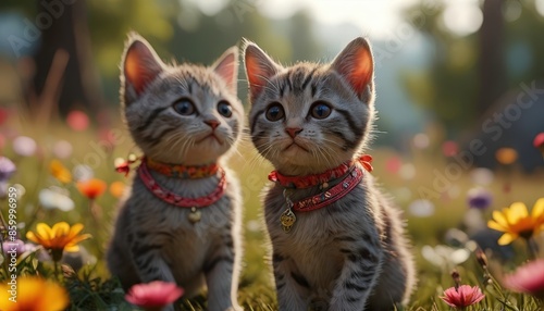 Two Kittens in a Meadow of Flowers. © BOJOShop