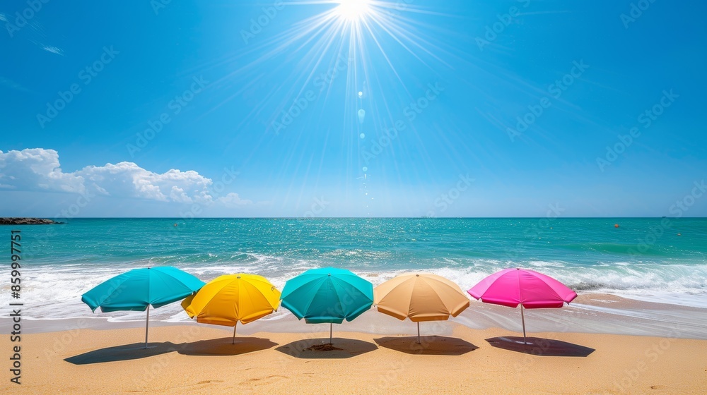 Vibrant Beach Scene with Colorful Umbrellas Under Blue Sky Vibrant Beach Scene with Colorful Umbrellas Under Blue Sky