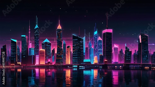 Vibrant neon lights and geometric shapes resembling a futuristic city skyline at night. Generative Ai. © Touhid09