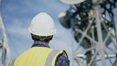 An engineer working on the mountain with telecommunication station, communication network and telecom connection 5G, 6G