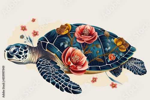 Vector art of a turtle with a floral design, white background, illustration background photo