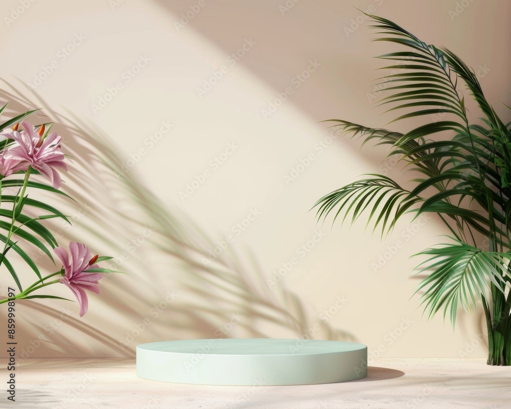 Modern Pastel Green Podium in Cozy Indoor Room with Vibrant Red Flowers and Natural Light Modern Pastel Green Podium in Cozy Indoor Room with Vibrant Red Flowers and Natural Light